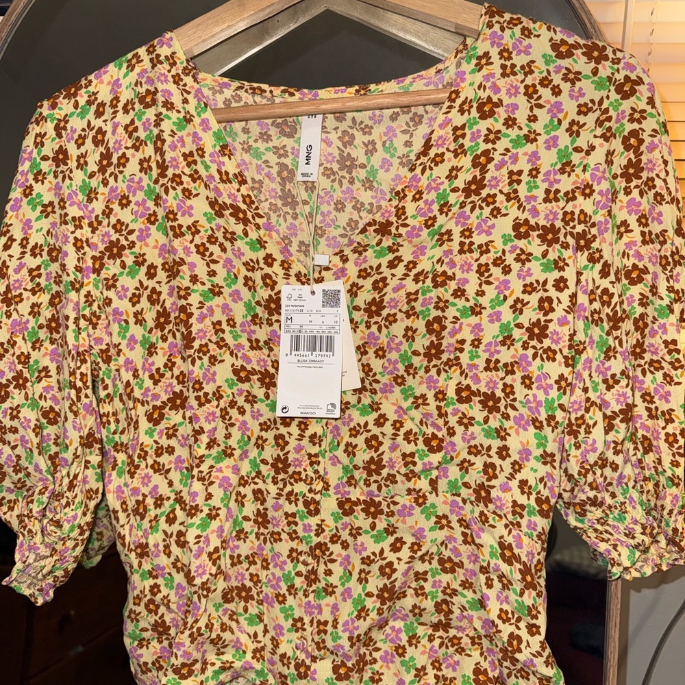 Mango Floral V-Neck Puff Sleeve Top - Cream with Brown, Pink & Green Flowers